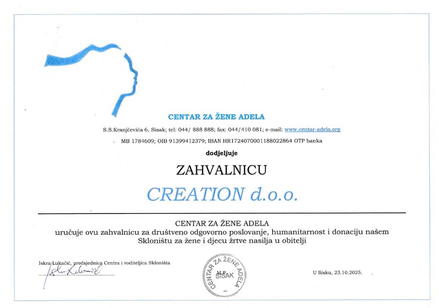 Zahvala tvrtki Creation d.o.o. na donaciji i humanitarnoj gesti