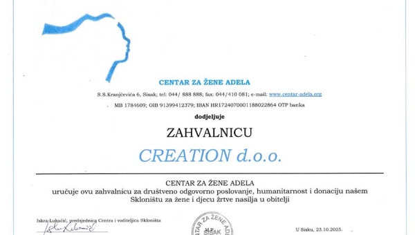 Zahvala tvrtki Creation d.o.o. na donaciji i humanitarnoj gesti