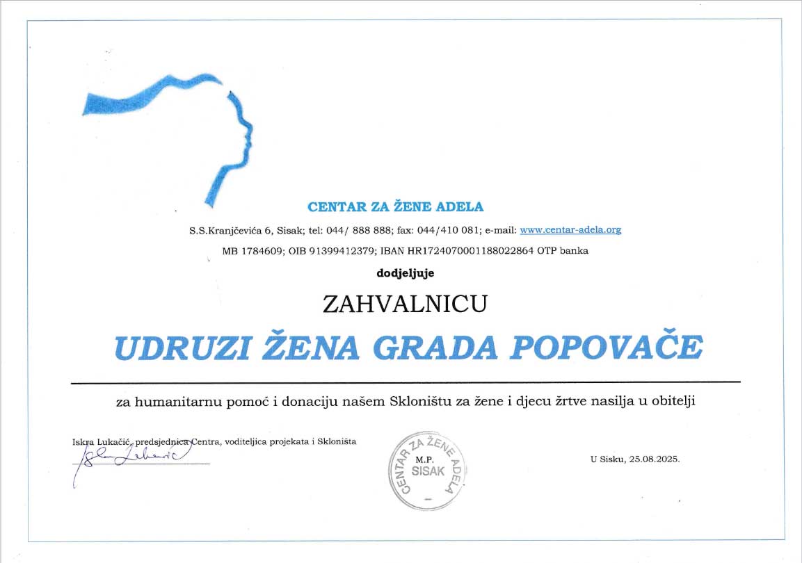 zahvalnica udruga zena popovaca